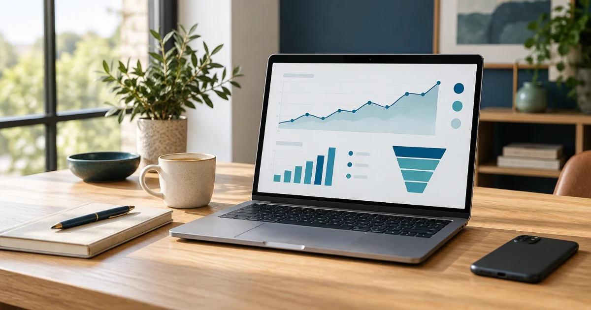 Open laptop on a wooden desk showing website analytics charts, including a rising line graph, a bar chart and an enquiry funnel, beside a notebook, a coffee cup and a smartphone.